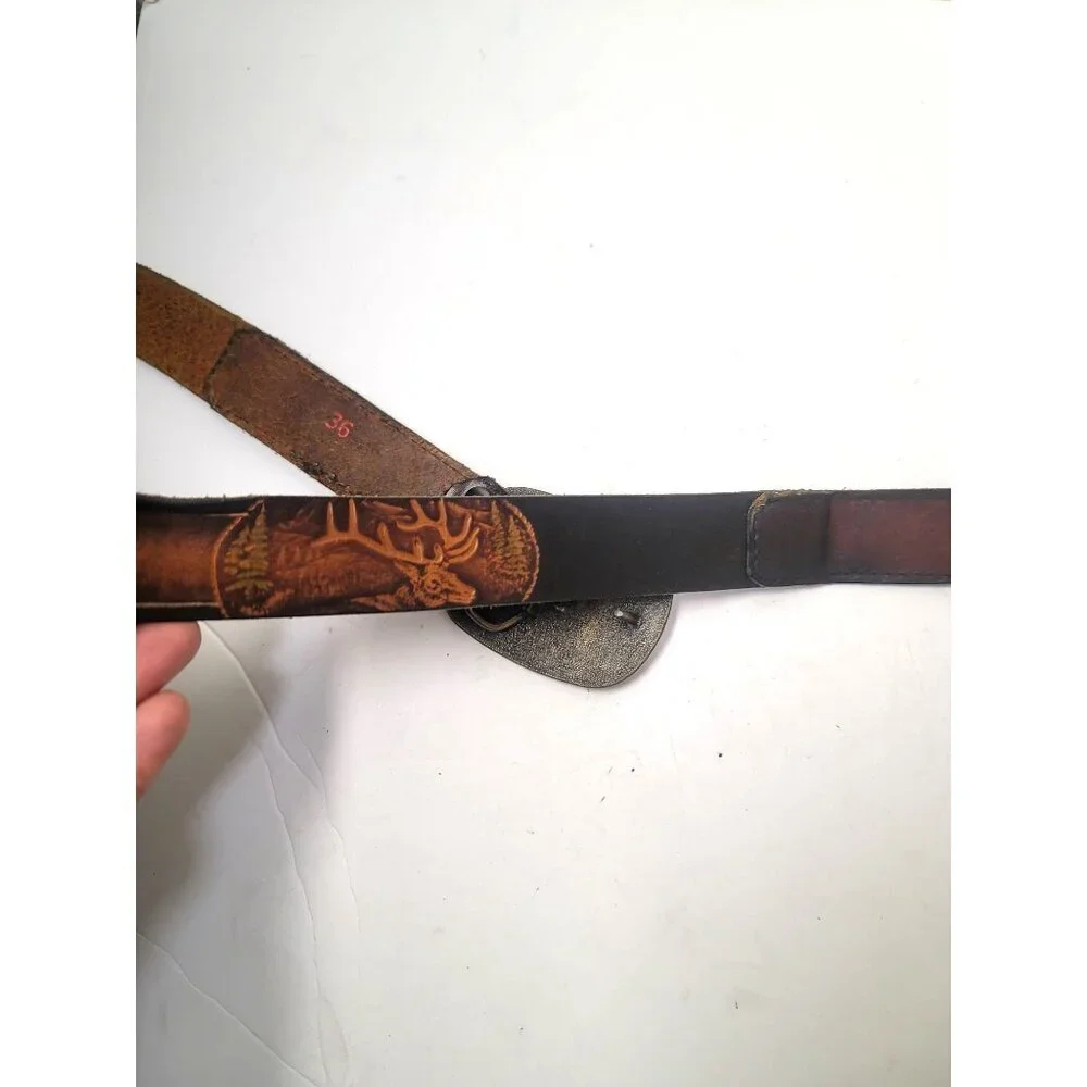 Vintage Leather Belt With Deer Design & Buckle Size‎ 36
